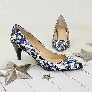 Joe's Jeans Rudy heels abstract blue white leather pointed toes size 8.5